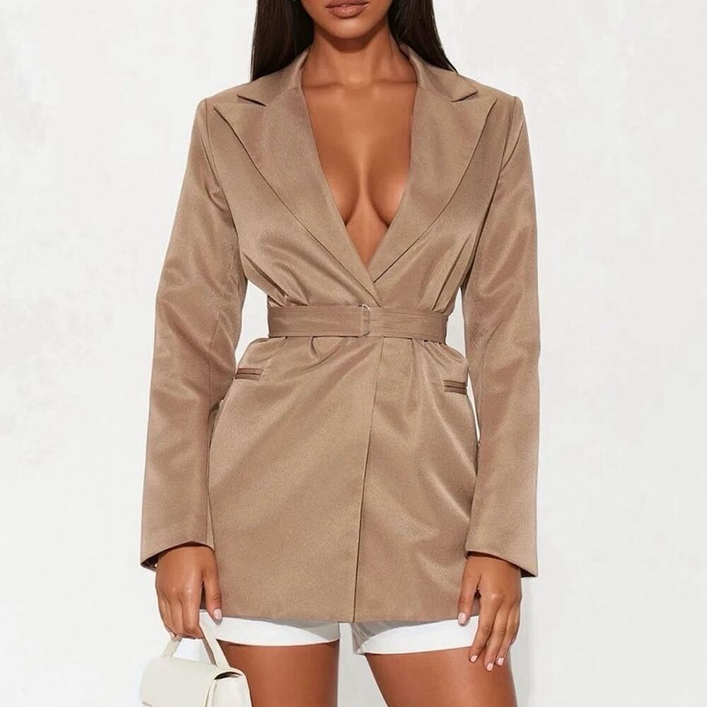 Fashion Nova Camel Tailored Blazer Belted Lapel Collar Structured Jacket